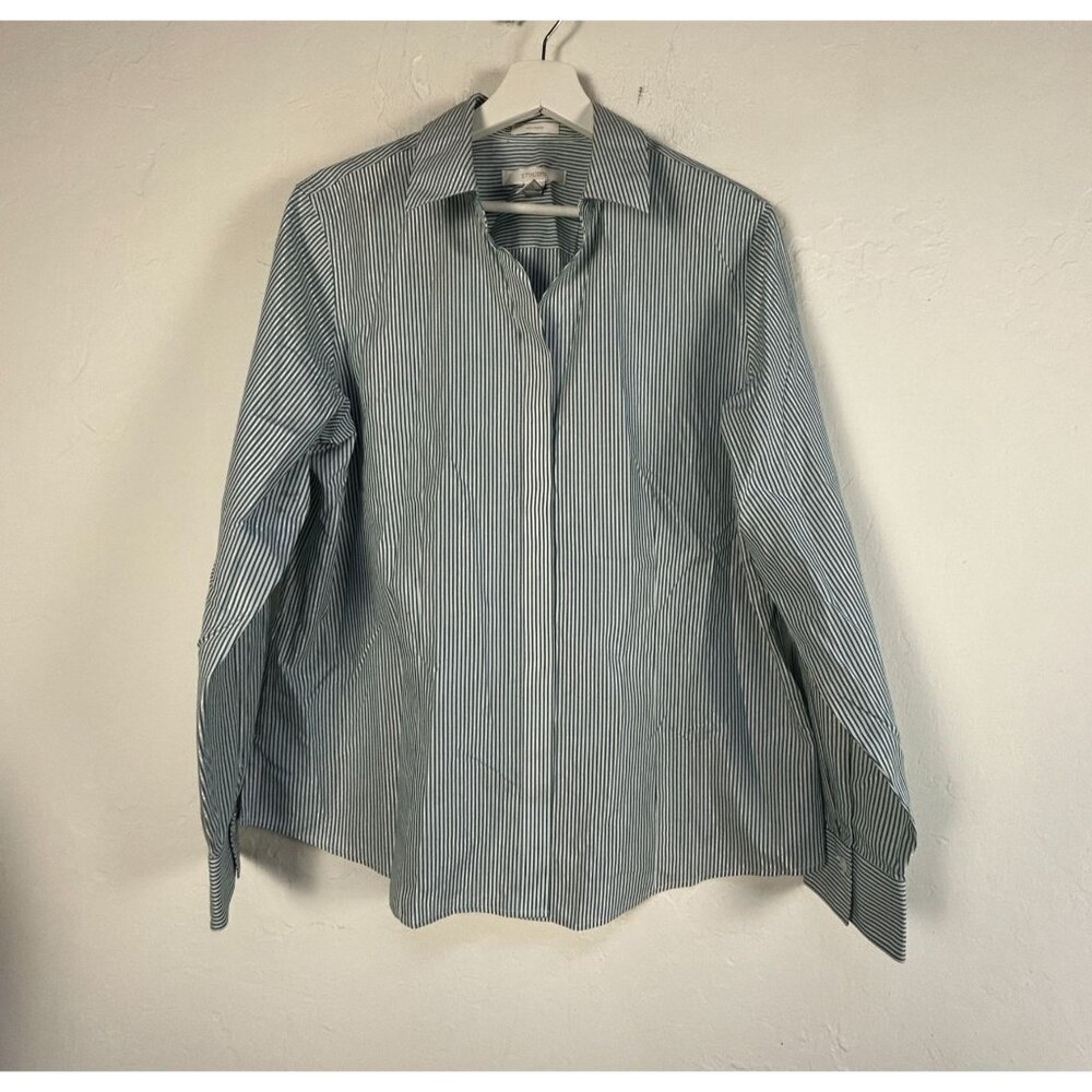 Chico's Womens No-Iron Green & White Striped Button-Up Shirt Size 2 Long Sleeve
